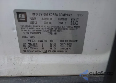 2015 Chevrolet Trax Lt from USA, damaged, VIN KL7CJLSB2FB062830